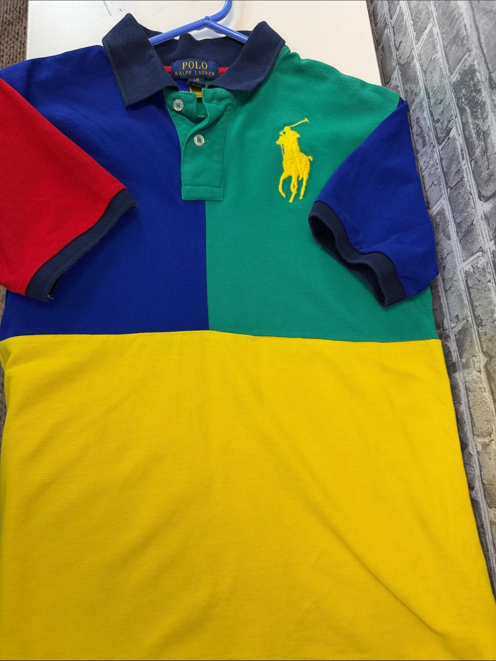 Polo by Ralph Lauren Colorblock Polo — Blue/Green/Yellow/Red with Navy Collar - Picture 6 of 7